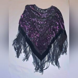 Vintage black violet velvet and sheer burnout, long fringe poncho shawl